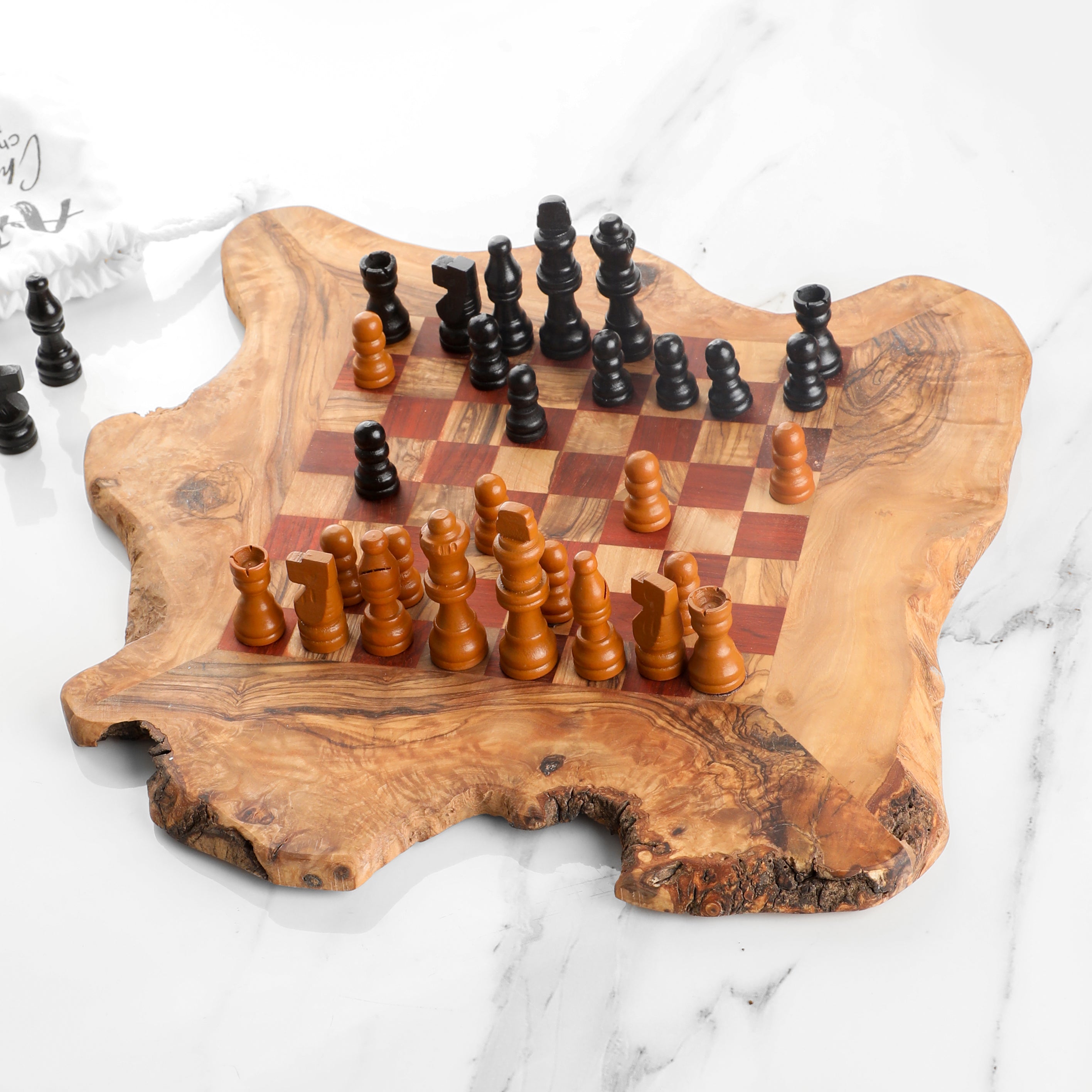 Handmade Olive Wood Chess Set – Irregular Rustic Artisan Board from Tunisia - ArtisRaw